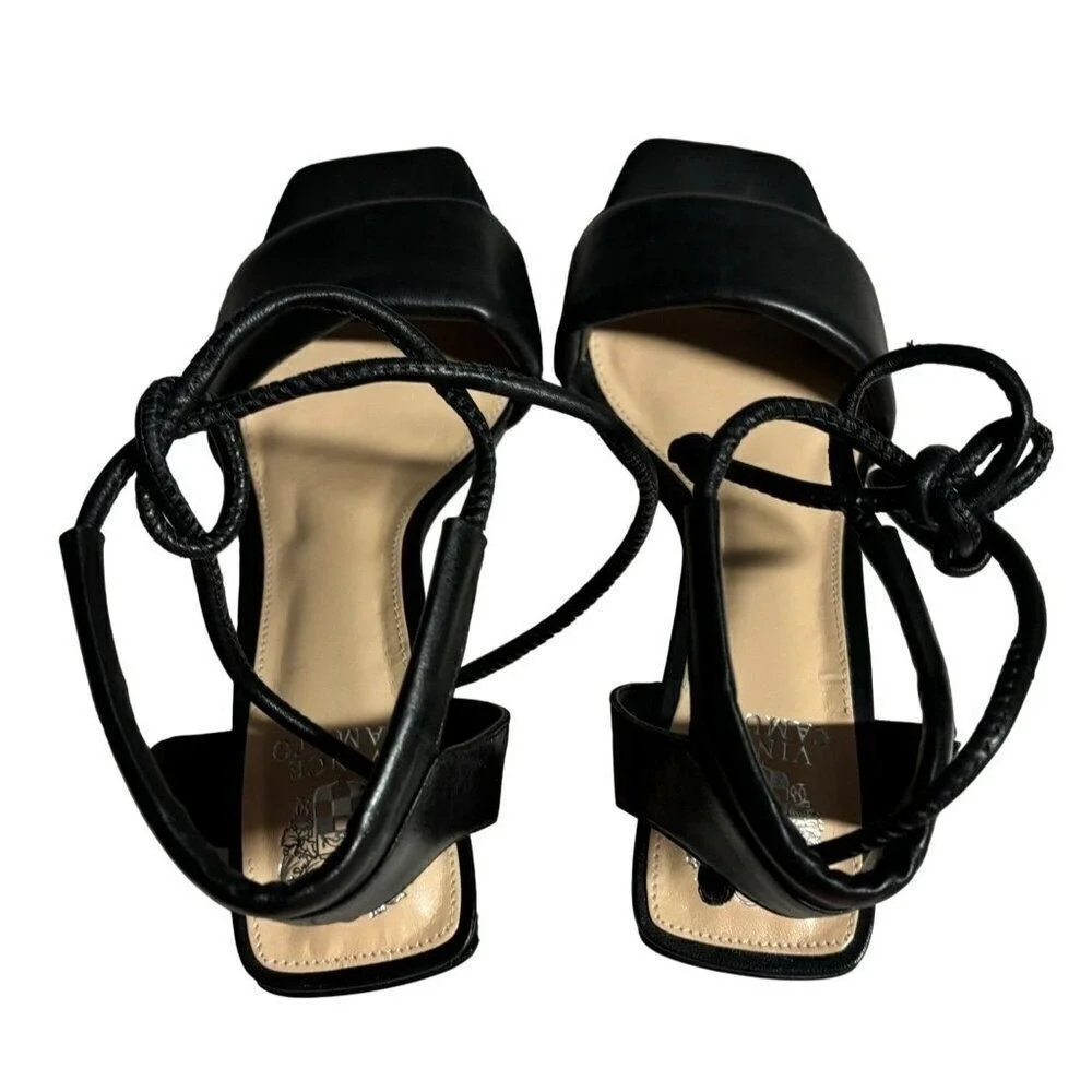 VInce Camuto Vernisa, Block Heel Black Leather Stappy‎ Sandals Shoes Size 8